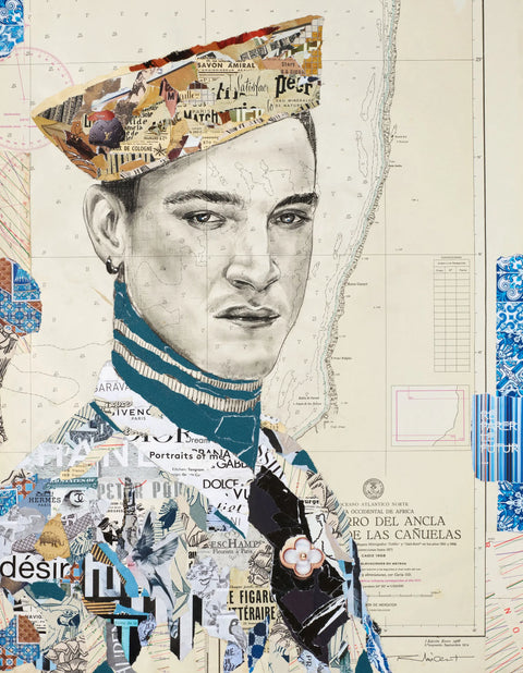 Collage portrait of a man wearing a patchwork beret made from vintage newspaper clippings and fabric scraps, layered over a map background.