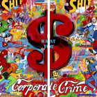 Pop art painting of superheroes and villains battling around a dollar sign.