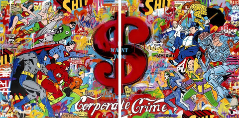 Pop art painting of superheroes and villains battling around a dollar sign.