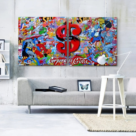 A two-panel pop art canvas featuring comic book heroes and a red dollar sign, with ’Corporate Crime’ written at the bottom.