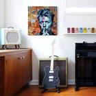 Colorful pop art portrait on canvas featuring a ’shushing’ gesture against a textured orange background.
