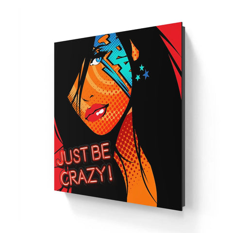 A woman with a red background and a black background, with the words just crazy on it