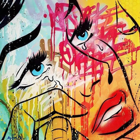 Abstract portrait featuring vibrant colors, bold lines, and graffiti-style elements.
