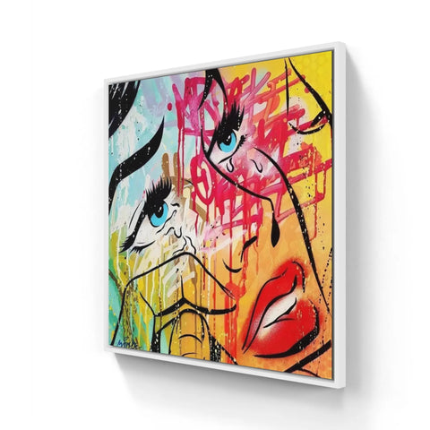 Colorful abstract painting featuring stylized facial features and graffiti-like elements on canvas.
