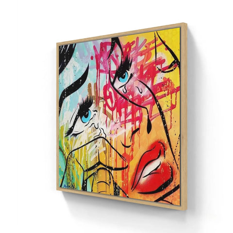 Colorful abstract painting featuring fragmented facial features with graffiti-style elements.