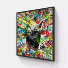 A painting of a dog with graffiti on it
