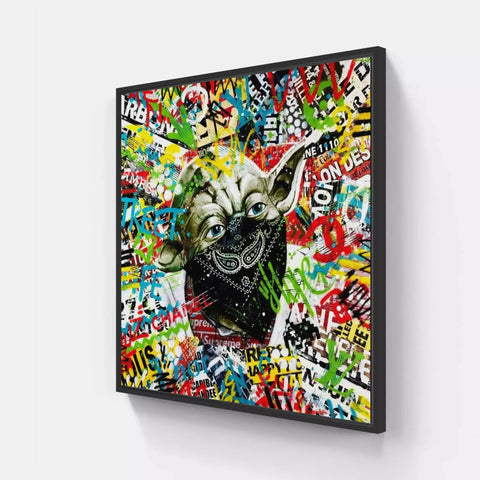 A painting of a dog with graffiti on it
