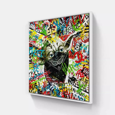 A painting of a dog with graffiti on it