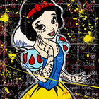 A painting of a snow white with a red bow on her head