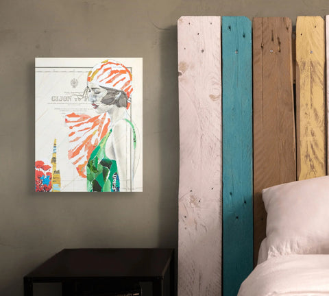 A vibrant, stylized canvas print featuring a woman in an orange and white striped headscarf with green attire.