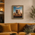 A framed original aluminium artwork titled egypt featuring a beige textured kaws-style character on a desert landscape