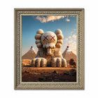 A framed original aluminium artwork titled Egypt featuring a beige kaws-style sculpture with red x eyes and cherries on ice cream cones