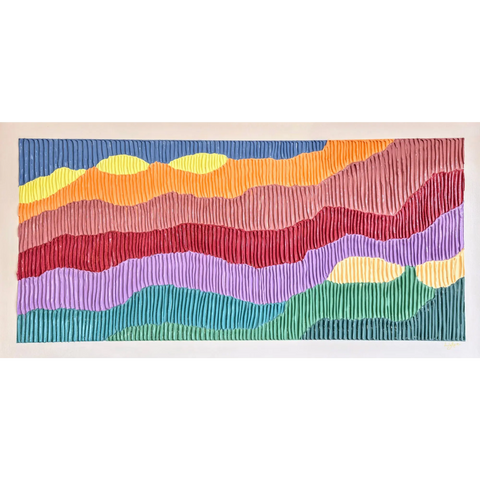 Colorful abstract artwork with wavy horizontal stripes in various hues.