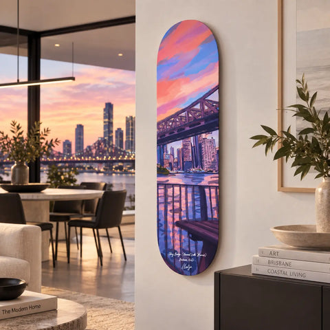 Felons by the story bridge australia keepsake fakeboard featuring vibrant painted sunset over brisbane story bridge