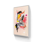 Abstract mixed-media artwork featuring colorful shapes, splatters, and text elements on a light background.