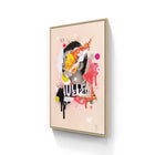 Framed abstract artwork featuring colorful shapes, splatters, and text elements on a light background.