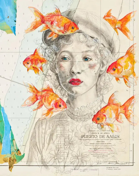 A watercolor and ink illustration of a woman with curly hair and a beret surrounded by vibrant orange goldfish on limited edition aluminium product fish eyes