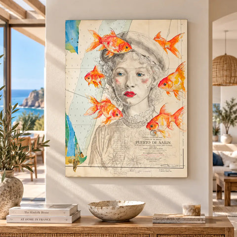 A framed mixed-media artwork featuring a woman sketch with vibrant orange goldfish on an old puerto de aniun map on aluminium