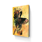 Silhouette of a pelican filled with floral and architectural imagery against a golden background.