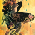 Silhouette of a person’s head and upper body filled with floral and botanical elements, alongside the text ’Just Think’.