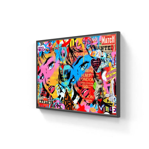 Vibrant graffiti-style pop art canvas featuring colorful faces and text in a collage format.