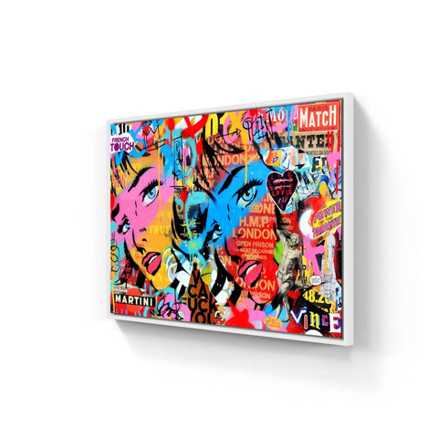 Colorful graffiti-style pop art canvas featuring vibrant eyes and text in a chaotic collage design.