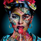A woman with a colorful face and a flower on her head