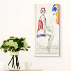 Vibrant collage canvas featuring a stylized swimmer in red and pink attire against a nautical chart background