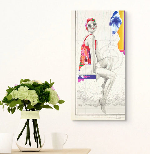 Vibrant collage canvas featuring a stylized swimmer in red and pink attire against a nautical chart background
