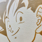 A close up of a drawing of a boy with a hat on