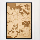 A framed artwork piece with a drawing of two characters