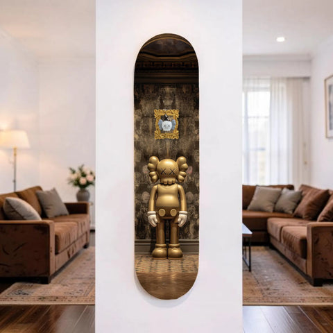 Golden kaws-style figurine displayed on a skateboard deck wall art.
