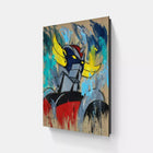 Painting of a robot with a yellow face and a red tail