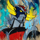 A painting of a robot with a red hat