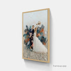 A framed wedding portrait featuring a bride and groom in an abstract watercolor style with splashes of teal, orange, and black against a light background.