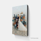 A modern canvas print featuring a couple in wedding attire, with the bride holding her bouquet and abstract paint splatters in teal, orange, and black overlaying their image.