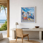 A framed aluminum artwork of a kaws character in blue and yellow holding ice cream with Santorini coastal background