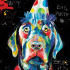 A painting of a dog wearing a party hat