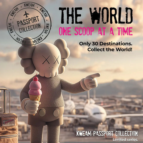 A beige kaws character figurine holding a pink ice cream cone wearing textured knitwear and shorts in original aluminium artwork