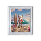 A framed original aluminium artwork titled hawaii lei kweam featuring a kaws-style character on beach with surfboard