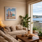 Beige upholstered sofa with matching throw pillows and cushioned seat in original aluminium artwork titled Hawaii lei kweam