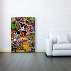 A colorful, pop art-style canvas featuring a stylized Mickey Mouse-like character with a top hat, cigar, and bomb, surrounded by various cartoon and graffiti elements.