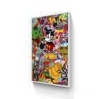 A framed pop art canvas featuring a cartoon mouse with a cigar, surrounded by other characters and graffiti.