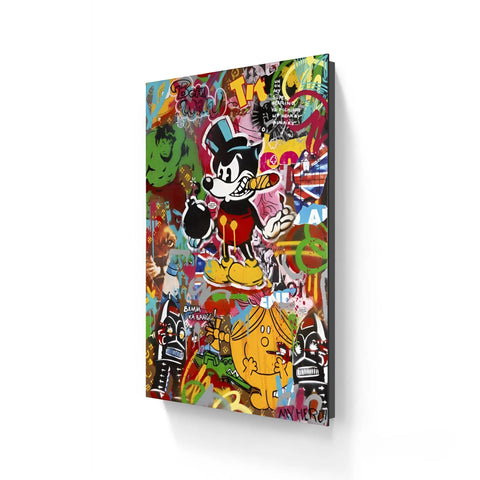 Pop art painting featuring a cartoon mouse with a cigar and top hat.