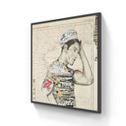 Black-framed canvas print featuring a stylized male figure in profile, overlaid with collage elements of vintage map text and newspaper clippings.
