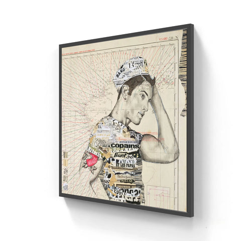 Black-framed canvas print featuring a stylized male figure in profile, overlaid with collage elements of vintage map text and newspaper clippings.