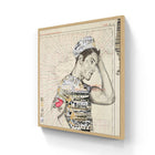 A framed mixed-media artwork featuring a stylized male figure composed of collage elements like newspaper clippings and map fragments, set against an off-white background with light wood framing.