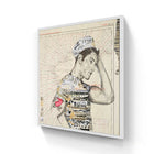 A framed mixed-media artwork featuring a stylized male figure in profile, rendered with black ink and collage elements over an aged map background.