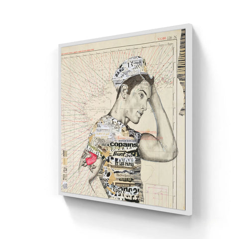 A framed mixed-media artwork featuring a stylized male figure in profile, rendered with black ink and collage elements over an aged map background.