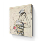 A square canvas print featuring a stylized portrait of a man in profile, his body and hat covered in layered newspaper clippings and text fragments on an aged map background.